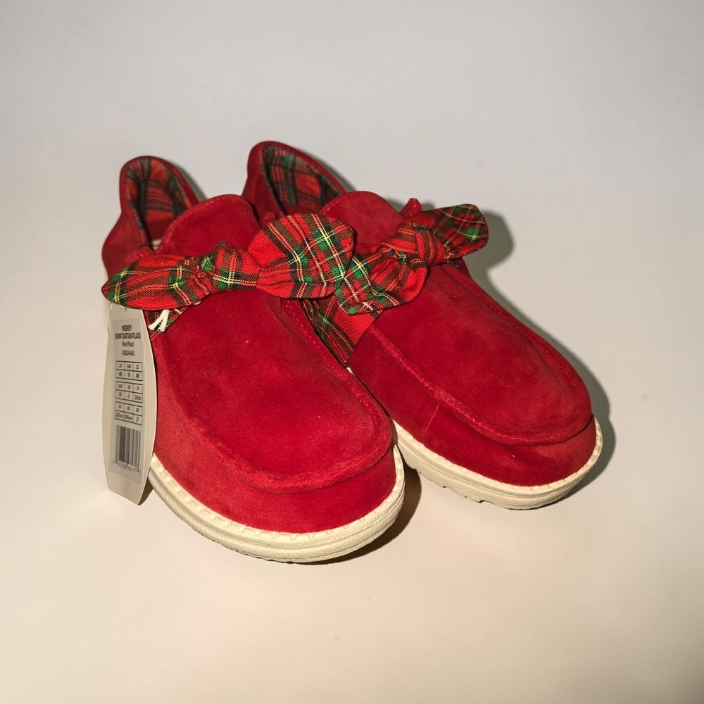 Hey Dude Women's Red Slip-On Sneakers with Plaid Bow